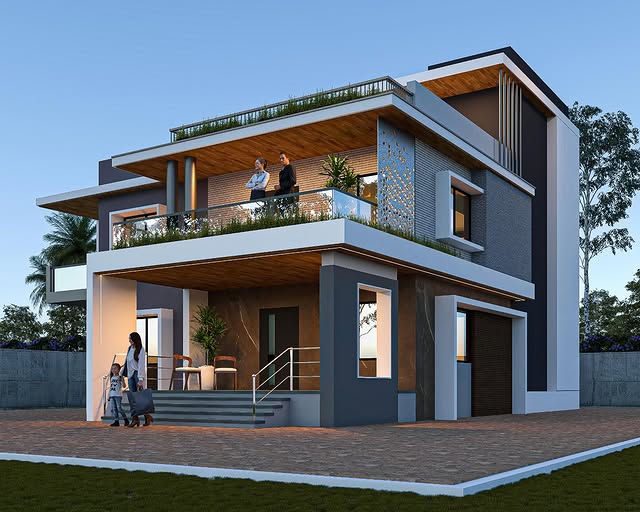 Luxury Modern House Painting Design with Wooden Finish & Grey Theme in Belgaum | Swapnapurti Paints