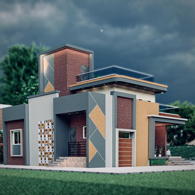 Modern Exterior House Painting with Brick Texture & Geometric Design in Belgaum | Swapnapurti Paints