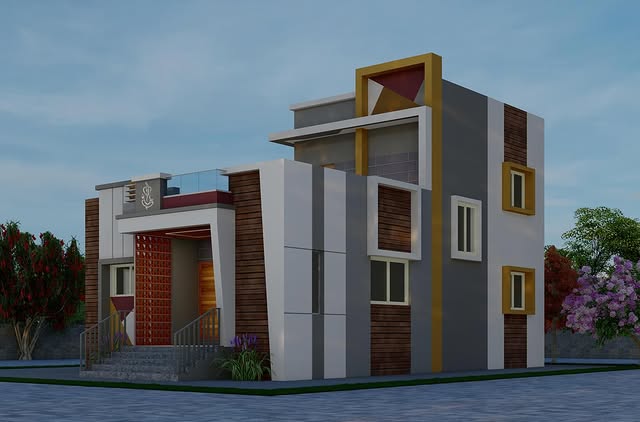 Modern House Exterior Painting with Grey, White & Yellow Accent Design in Belgaum | Swapnapurti Paints