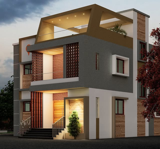 Modern House Exterior Painting with Grey, White & Wooden Finish in Belgaum | Swapnapurti Paints