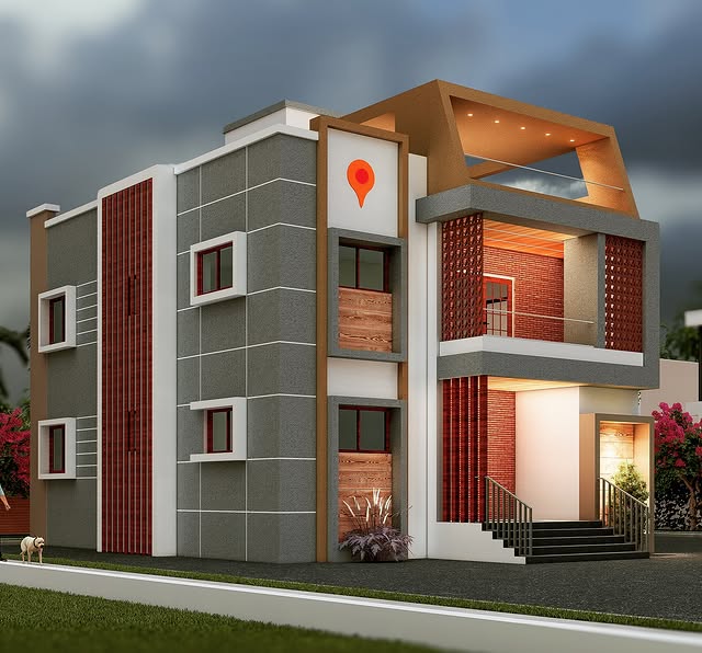 Modern House Exterior Painting with Vertical Panel Design & Wooden Finish in Belgaum | Swapnapurti Paints