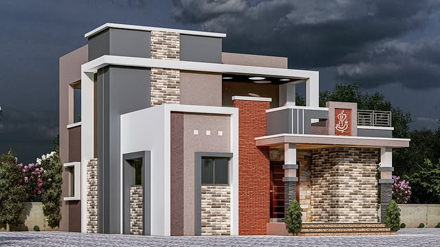 Elegant Exterior Wall Design with Stone Cladding & Terracotta Finish in Belgaum | Swapnapurti Paints